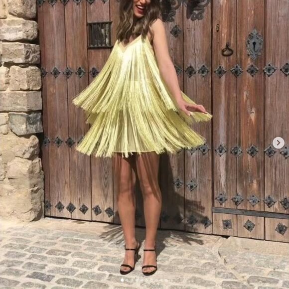 Zara Fringe Mini Dress Light Yellow Blogger Fav Size Small - Picture 7 of 13